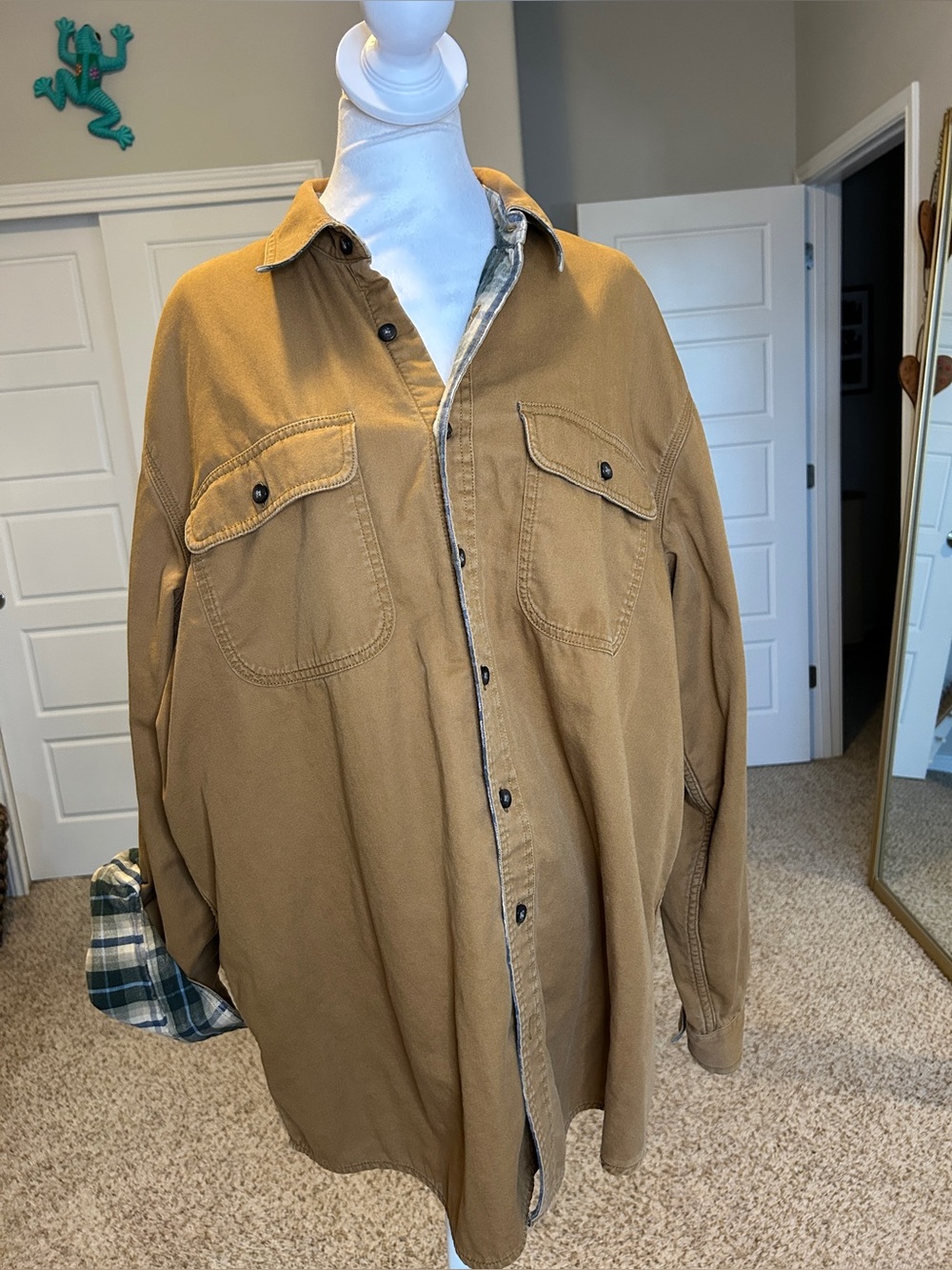 L.L. Bean Flannel Lined Canvas Shirt Jacket Tan Shacket Mens L Regular Vintage